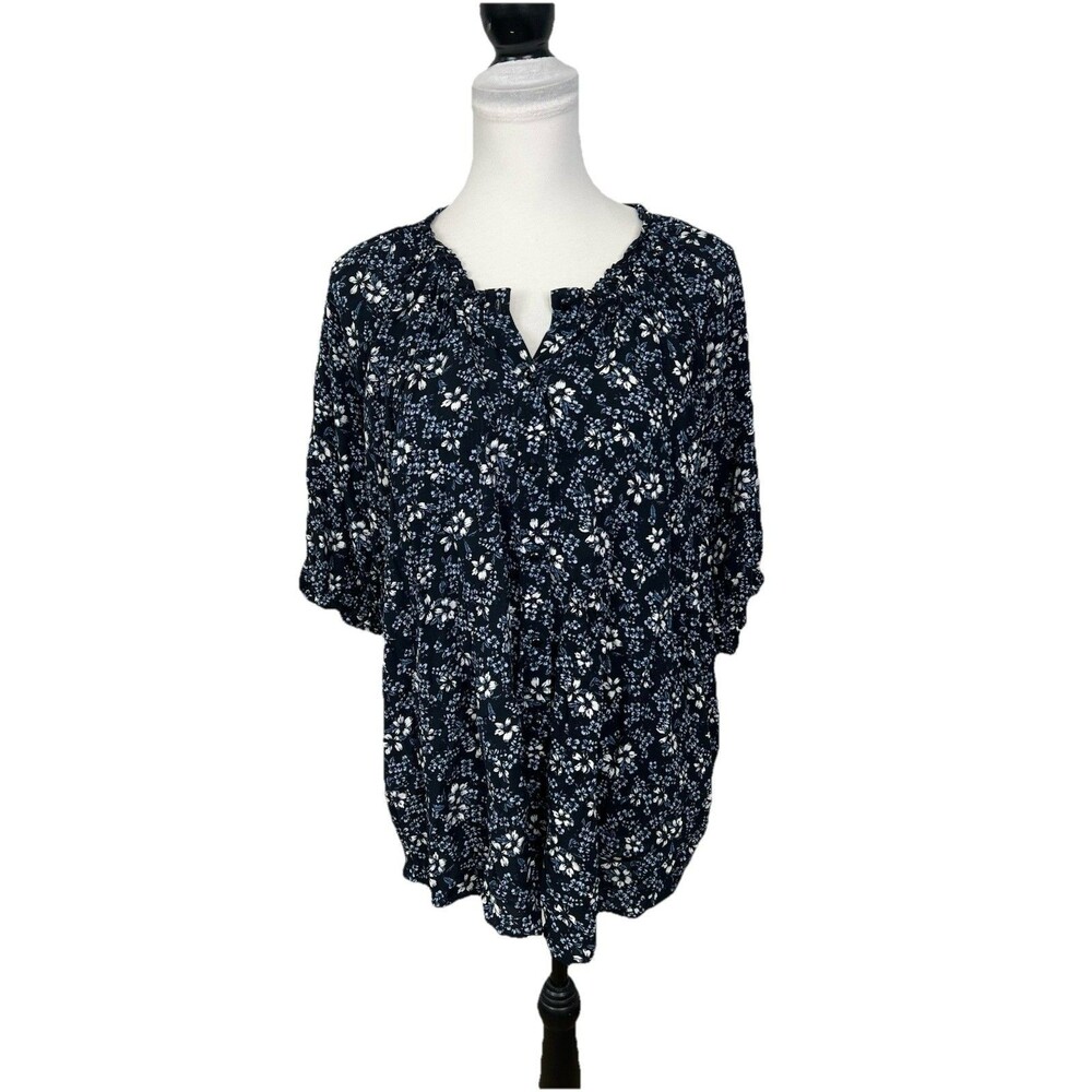 Bobeau Blouse Plus Size 3X Blue & White Floral Ruffled 100% Rayon Short Sleeve